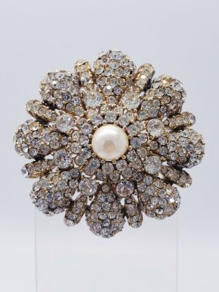 Vintage Signed CINER Rhinestone Pave Flower Sparkling Brooch Pendant Faux Pearl 3