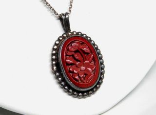 Great Falls Metal Carved Red Coral Sterling Silver Pendant Necklace