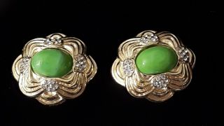 Vintage Roxanne Assoulin Green Glass Cabochon & Crystal Clip Earrings Gold Tone