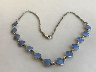 Vintage Sterling Silver 925 Blue Guilloche Enamel Heart Necklace