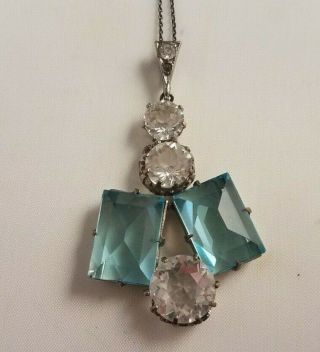 Vintage Art Deco Silver Czechoslovakia Czech Blue & Crystal Glass Necklace Chain