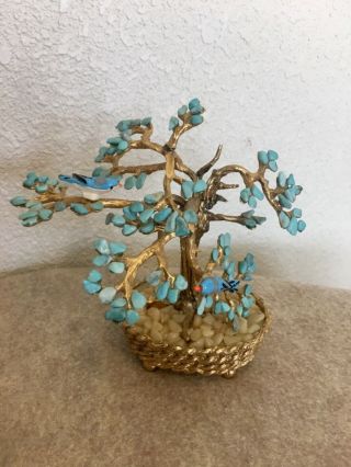 Vintage Swoboda Gem Tree Hand Painted W/ 2 Birds - 5” Tall Turquoise/white