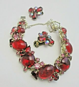WEISS EXQUISITE RED/PINK RHINESTONE BRACELET AND EARRINGS 3