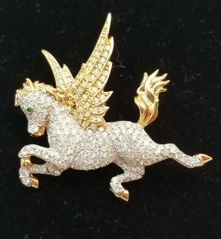Unicorn Pegasus Flying Horse Brooch Pin Signed Swan Swarovski Crystal Jewelry