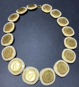 Vtg Helvetica Coin Gold Collar Necklace Enamel Estate Costume Jewelry