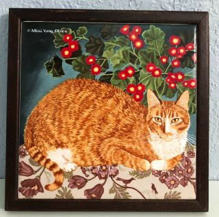 Vintage Mimi Vang Olsen Avon Orange Tabby Cat 6x6 Ceramic Tile Wood Frame