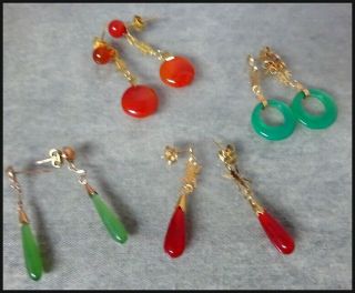 Four Pairs Of Dainty Vintage Chinese Green Orange Jade Pierced Pendant Earrings
