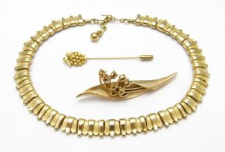 Vintage Trifari Gold - Tone Necklace,  Flower Brooch & Grapes Stick Pin