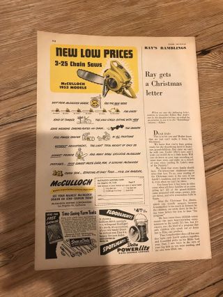 1952/53 Mcculloch Chain Saw Ad Vintage Antique 3 - 25 Chainsaw Forestry