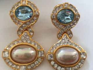 Vintage Glamour Nolan Miller Gold Tone & Ice Blue Rhinestone Faux Pearl Earrings