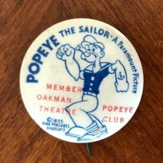 Vintage 1935 Popeye The Sailor Pinback Club Button Paramount Oakman Theatre Euc
