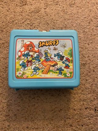 Vintage 1980’s Smurfs Plastic Lunch Box,  Thermos
