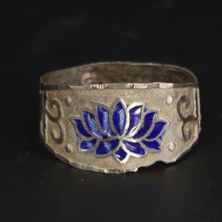 VTG Sterling Silver - Blue Enamel Lotus Flower Floral Tapered Ring Size 11 - 1g 2