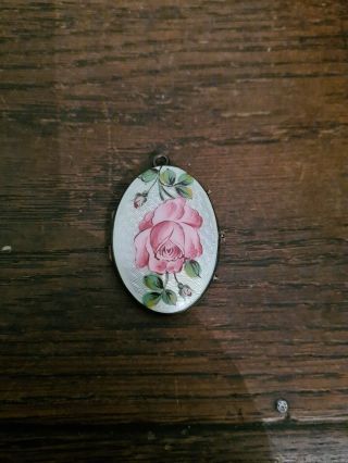 Antique Edwardian Silver Guilloche Enamel Locket Handpainted Flower