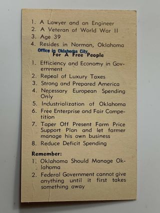 Vintage Political Business Card Sizemore Congress Democrat Norman Oklahoma 1950s 3