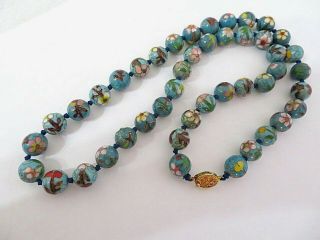 Vintage Chinese Export Cloisonne Turquoise Enamel Floral Bead Necklace