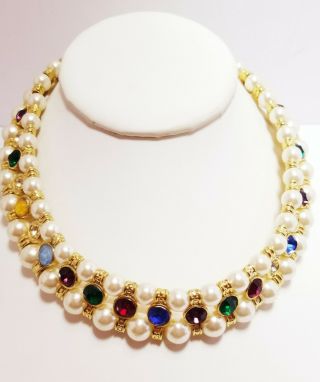 Vintage 1980s Gripoix Runway Style Necklace Jeweled Crystal & Faux Pearl Collar
