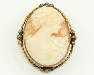 Vintage 12k Gold Filled Hand - Carved Shell Lady Cameo Brooch Pin Pendant C1920