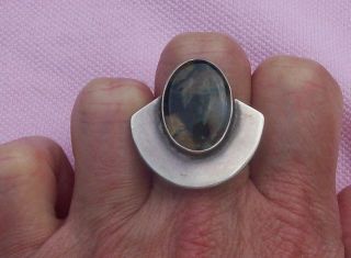 Vintage Sterling Silver 925 Mexico Modernist Moss Agate Cocktail Ring Size 7.  5