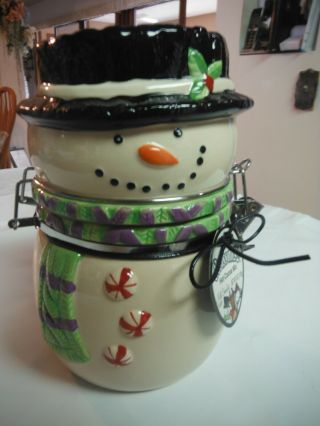 Ceramic Swiss Miss Holiday Snowman Canister Hinged Wire Bale Gasket Tag Lid Euc