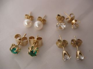 4 Pair Vintage 14k & 10k Yellow Gold Stud Pierced Earrings Pearls Cz 