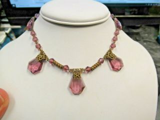 Vintage Art Deco Czech Purple Cut Glass Crystal Drops Necklace