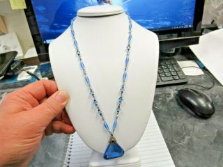 Vintage Art Deco Czech Blue Cut Glass Crystal Filigree Necklace Pyramid Pendant
