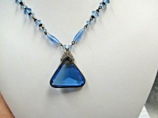 Vintage Art Deco Czech Blue Cut Glass Crystal Filigree Necklace Pyramid Pendant 2