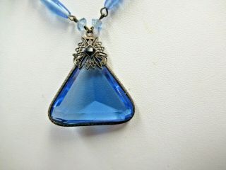 Vintage Art Deco Czech Blue Cut Glass Crystal Filigree Necklace Pyramid Pendant 3