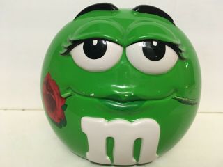 M&m Green Ceramic Candy / Cookie Jar Biting Rose 5 1/2” Tall 6” Wide