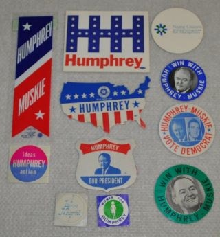11 Hubert Humphrey / Muskie 1968 - 72 Presidential Campaign Items Stickers Ribbon