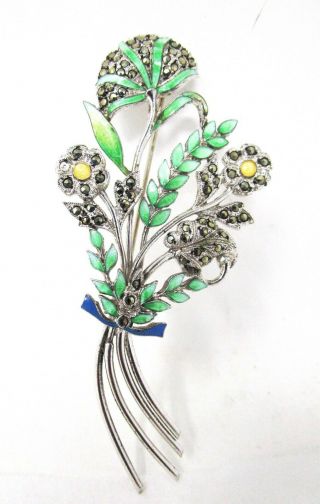 Vintage Pin Brooch Sterling Silver Marcasite Stones Enamel Art Deco Bouquet 14gr