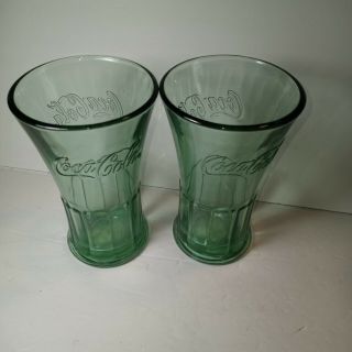 Set Of 2 Vintage Style Green Coca Cola Fluted Heavy Glass – 6 1/2 Inches Tall