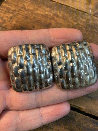 Mexico 925 Sterling Silver - Vintage Puffy Style Large Square Clip On Earrings