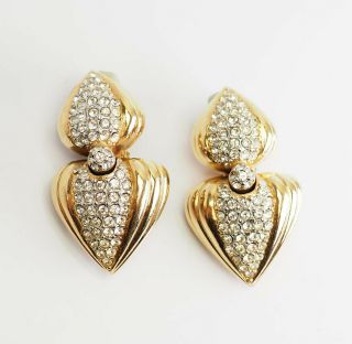 Fabulous Gold Tone Metal Pave Crystals Long Dangle Clip On Earrings By Ciner