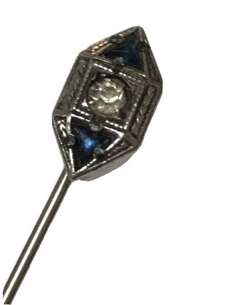 Vintage Antique Sterling Silver Art Deco Blue / White Stone Triangle Stick Pin