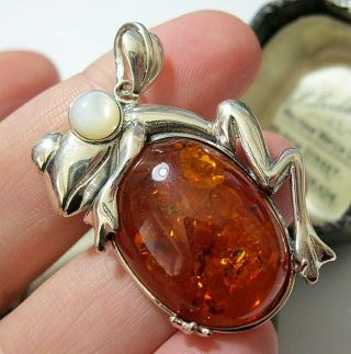 Large Sterling Silver Vintage Style Baltic Amber Frog Necklace Pendant