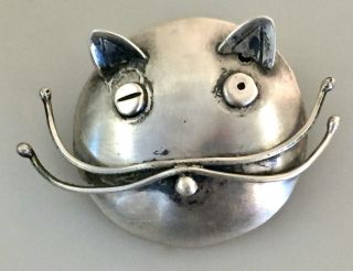 Vintage Mid Century Modernist Taxco Sterling Silver Cat Face Pin Marked 980