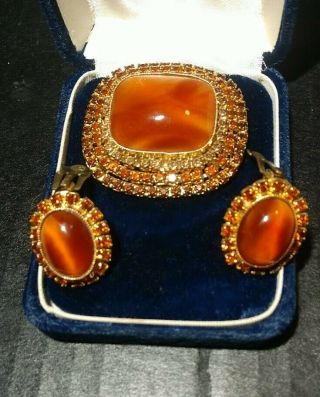 Big Vintage Austria Amber Resin Rhinestone Body Pin Brooch And Earring Set
