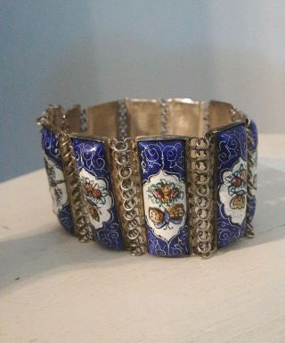 Vintage Persian Hand Painted Panel Bracelet Sterling Silver,  7 "