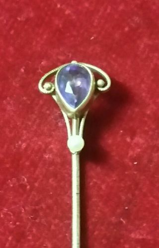 Victorian Amethyst Seed Pearl 14k Gold Stick Pin