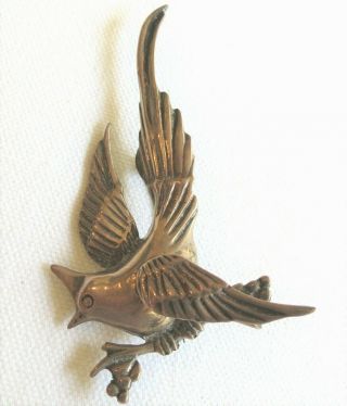 Stunning Vintage Sterling Silver Bird On Berry Branch Brooch Pin 3 3/8 " Long