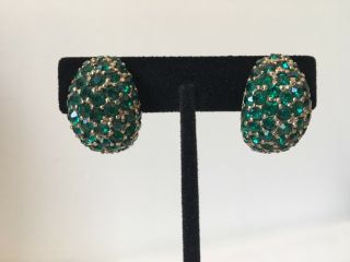 Vintage Jomaz Joseph Mazer Pave Emerald Green Crystal Rhinestone Clip Earrings
