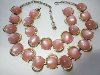 Gorgeous Vtg Coro Pink Moonstone Moonglow Cabochon Link Necklace Bracelet Set