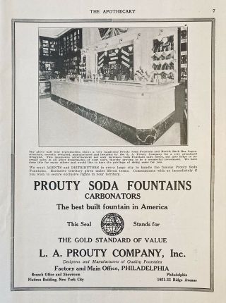 1921 Ad (l15) L.  A.  Prouty Co.  Phil. ,  Pa.  Prouty Soda Fountains Carbonators