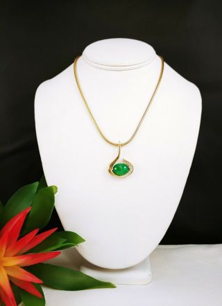 Vintage Panetta Signed Gold Green Glass Faux Jade Pendant Snake Link Necklace