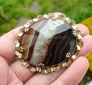 Antique Vintage Oval Banded Agate Brooch In Gold Tone Mount,  Victorian