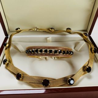 Vintage Garnet/black Rhinestone Gold Plated Mesh Choker/necklace/bracelet