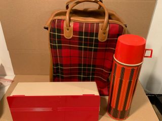 Thermos Brand Red Plaid Picnic Set W/ Thermos - Sandwich Holder & Bag 14 "