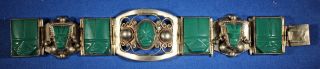 Vintage Mexico 925 Sterling Silver Bracelet With Carved Green Onyx